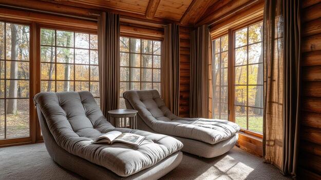 Cozy log cabin reading nook photo