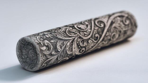 Engraved metal cylinder with intricate floral and leaf patterns photo