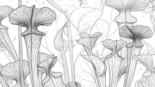 Sketch of pitcher plants with detailed lines, gray scale, and bright white photo
