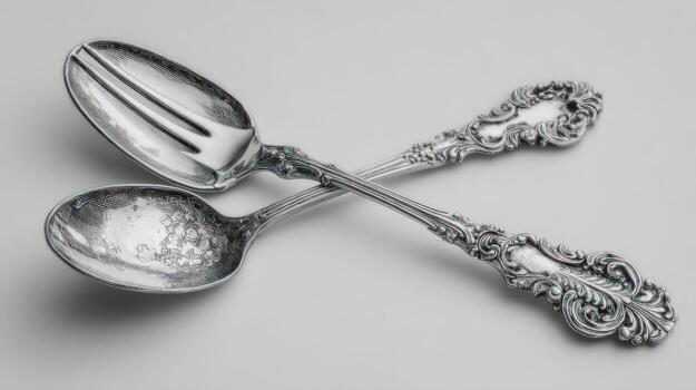 Two ornate, silver spoons in an X shape, one with tines, on a light surface photo