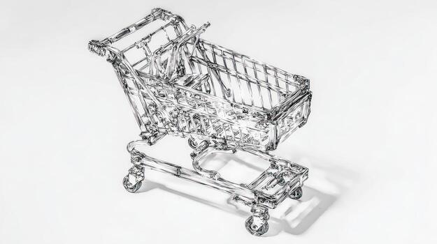 Wireframe rendering of a small shopping cart on a white surface with shadow photo
