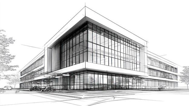 Building sketch modern office facade with glass windows in line drawing style photo
