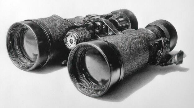 Graphite drawing of vintage binoculars, resting with textured detail photo