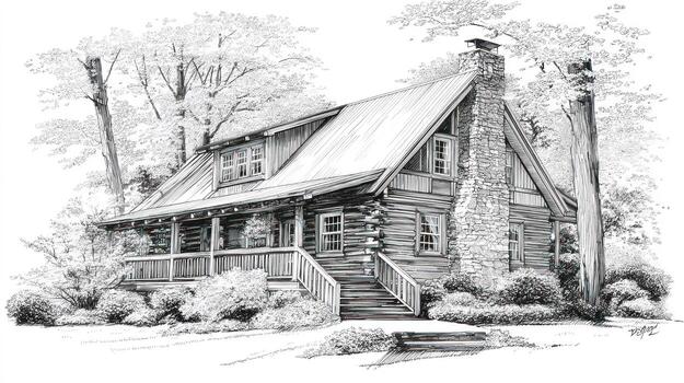 Detailed pencil sketch of a log cabin nestled in the woods with stone chimney photo