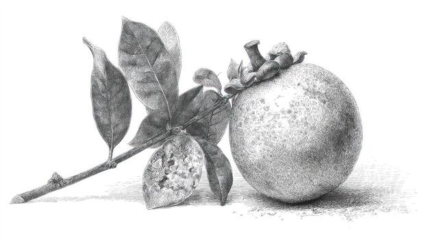 Botanical drawing fruit rests near a leafy branch photo