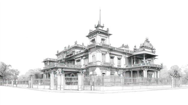 Ornate, multi-story house drawing with tower, balconies, and intricate details photo