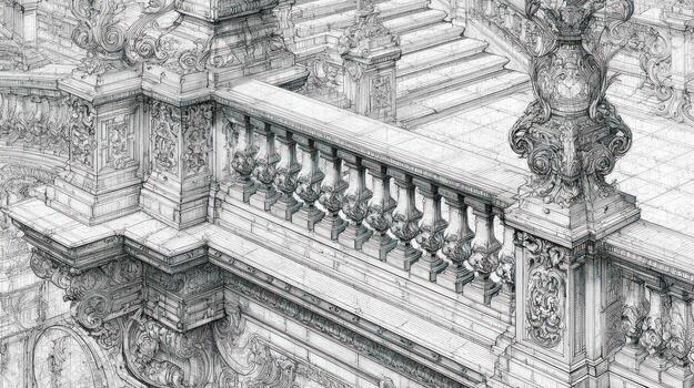 Elaborate architecture with ornate balustrade and stairs in a high angle view photo