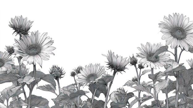 Grayscale daisies and buds reaching upwards from bottom edge photo