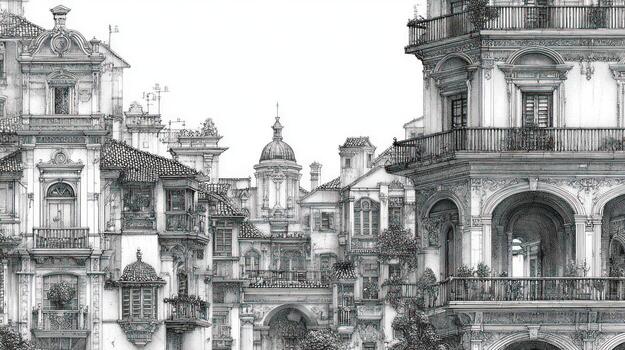 Ornate architectural drawing of buildings with arches, balconies and domes photo