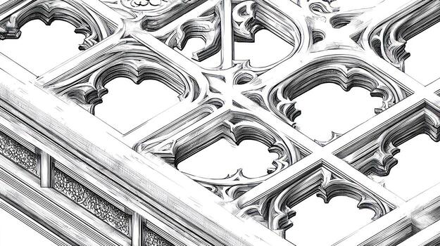 Detailed grayscale architectural latticework with intricate, pointed arches photo