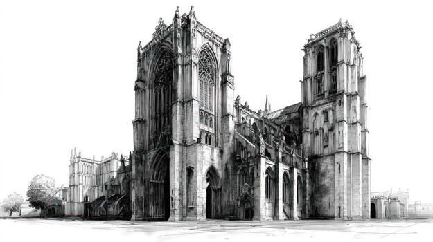 Gothic cathedral drawing with elaborate architecture, tall towers, and pointed arches photo