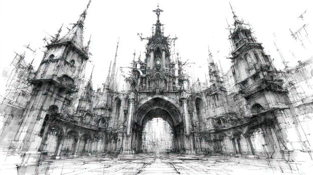 Intricate, gothic architecture with towers and arched entrance in monochrome photo