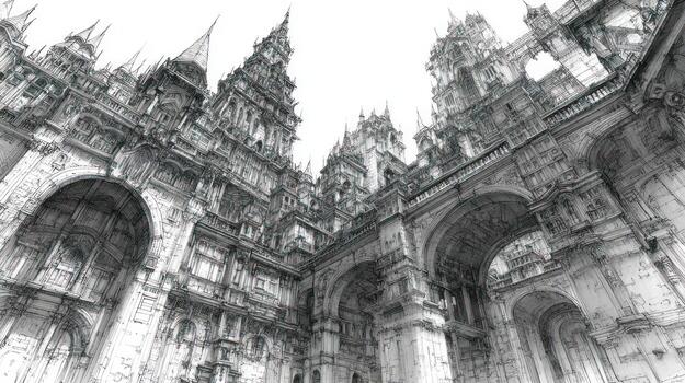 Ornate Gothic architectural marvel in monochrome, viewed from below photo