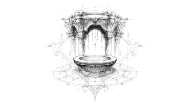 Ornate fountain sketch with columns and delicate geometric details. photo