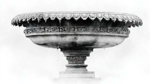 Ornate stone fountain with intricate carvings, against a bright background photo