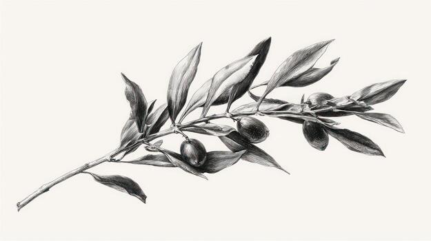 Realistic drawing of olive branch with fruits on cream background photo