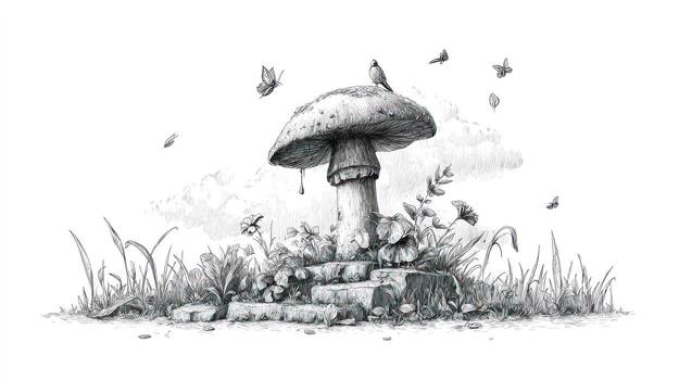 Grayscale drawing of a mushroom on stairs with bird and butterflies photo