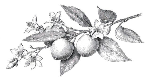 Citrus branch with fruit, leaves, and blossoms, drawn with fine hatching lines photo