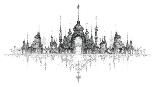 Ornate city skyline with spires and domes, reflected intricately photo