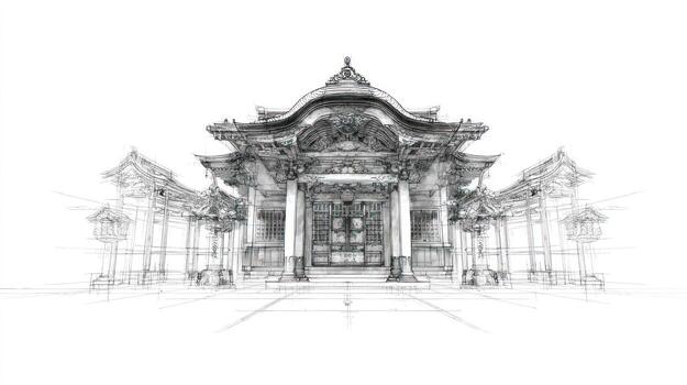 Ornate temple illustration, architectural drawing in linear detail, bright photo