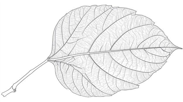 Detailed line drawing of a single, asymmetrical leaf with prominent veins photo