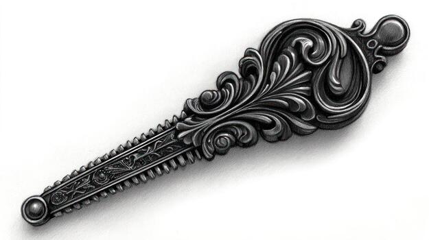 Ornate, antique silver implement with intricate filigree design on white background photo