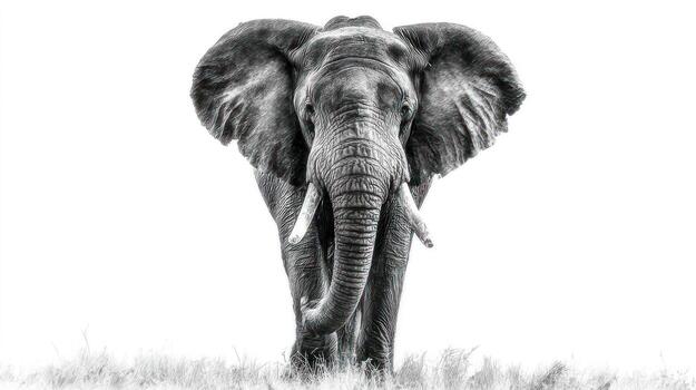 Frontal monochrome view of majestic elephant with large ears and tusks photo