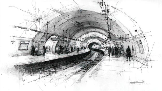 Sketchy monochrome view of a subway platform with figures awaiting trains photo