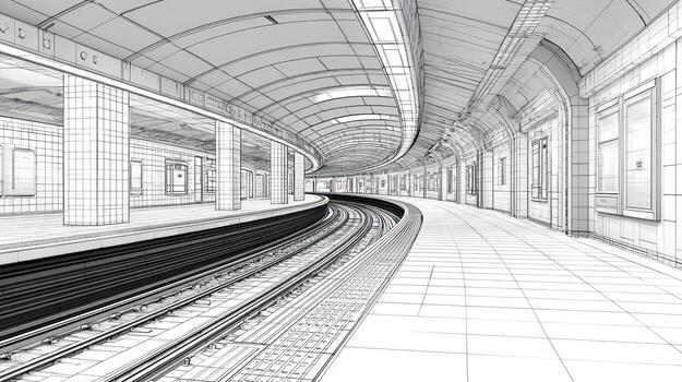 Wireframe view of curved subway station with tiled walls, pillars, and tracks photo