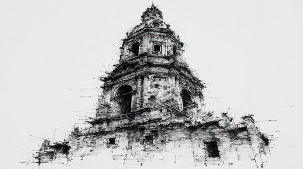 Ornate church tower sketched from low angle with artistic, stylized lines photo