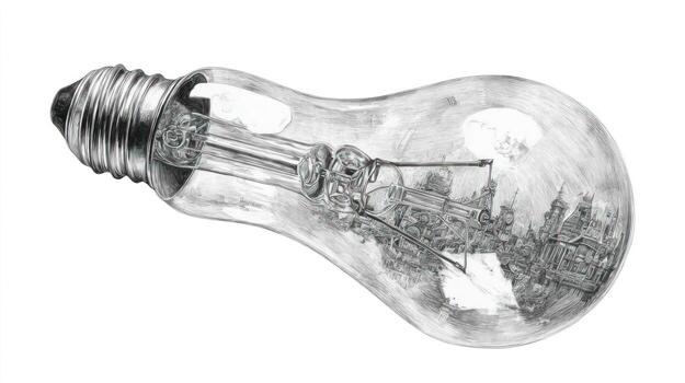 Pencil sketch of light bulb containing reflected cityscape inside photo