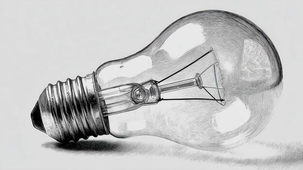 Detailed pencil sketch of a light bulb lying horizontally on a surface photo