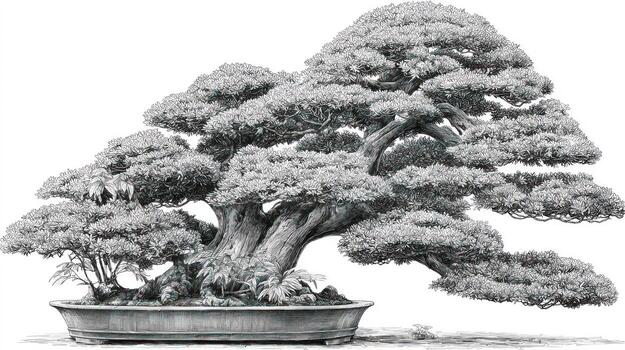 Monochrome illustration of a meticulously shaped and aged bonsai tree photo