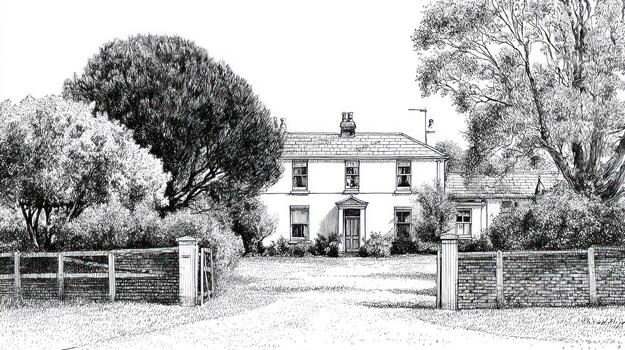 Ornate house with hedges and trees, black and white drawing photo