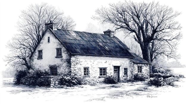 Rustic stone cottage nestled between bare trees, rendered in delicate lines photo