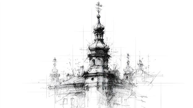Sketch of ornate building with onion domes against a white background photo
