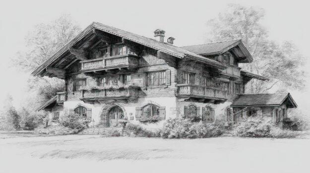 Sketch of a classic two-story Alpine chalet with a gabled roof and balconies photo