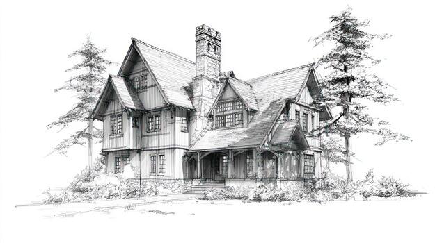 Detailed sketch of a large house with trees and a chimney photo