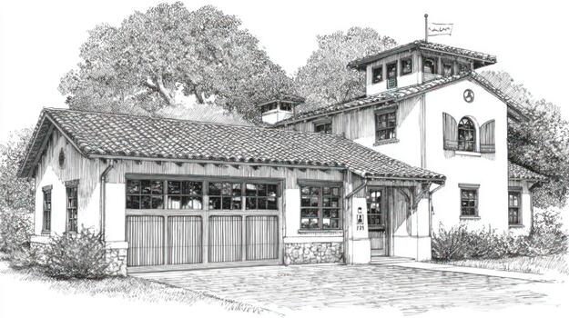Sketch of a stucco house with garage, tiled roof, and small tower photo