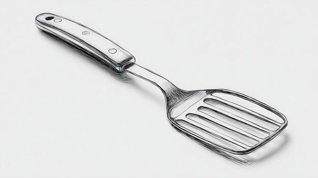 Slotted metal spatula with a handle and subtle shadow on a white surface photo
