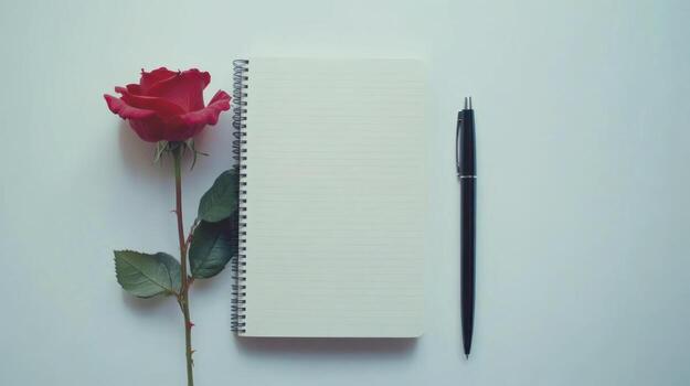Simple notebook, red rose, and pen on a white background photo