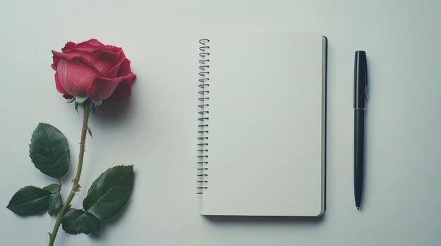 Red rose, notebook, and pen on a white surface photo