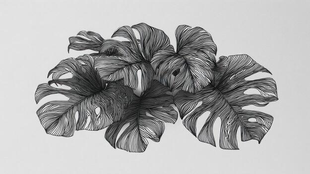 Monstera leaves drawn with fine lines on white backdrop photo