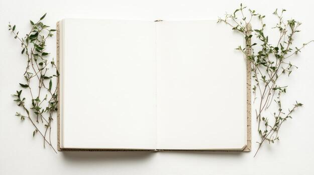 Open notebook with sprigs of greenery photo