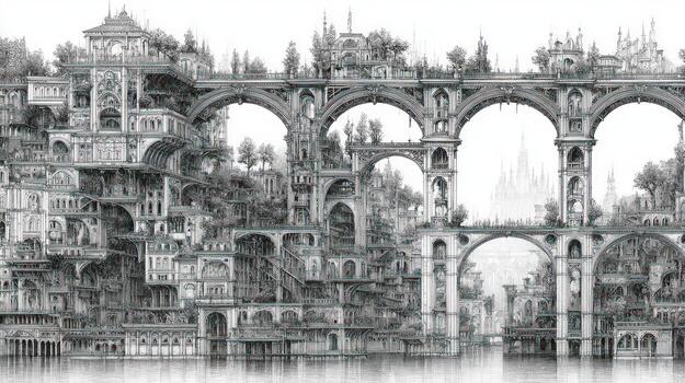 Complex architecture of elevated buildings connected by arches over water photo