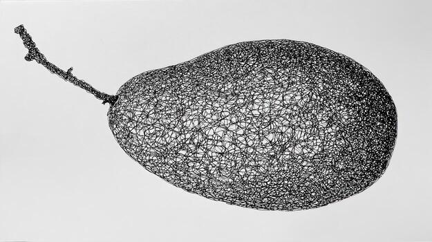 Wire pear sculpture with delicate, airy, cross-hatched texture on bright backdrop photo