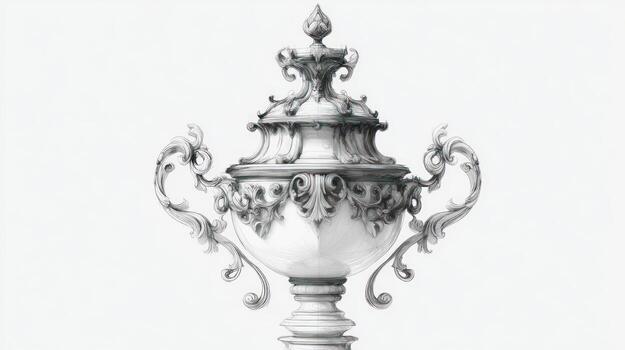 Ornate white urn with a domed lid and scrolling handles, detailed drawing photo