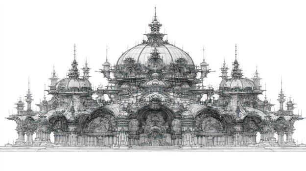 Ornate structure with domes, spires, and intricate detailing, white background photo