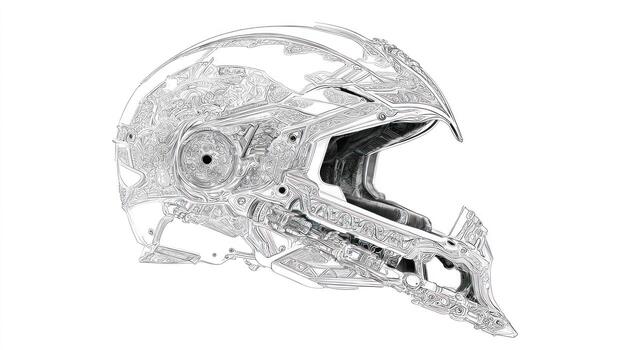 Intricate sketch of helmet. Fine lines and textures create a metallic feel photo