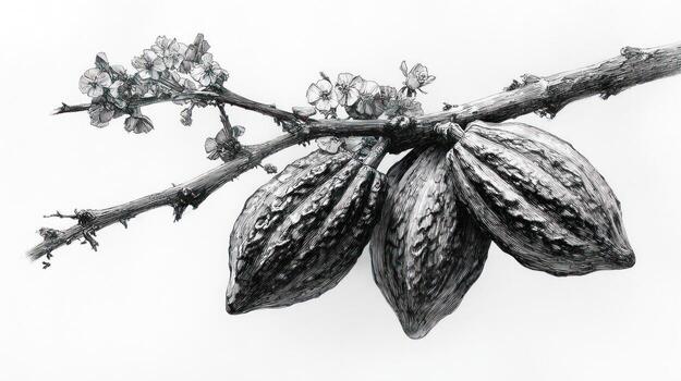 Cocoa pods and blossoms on a branch, high key, monochrome photo